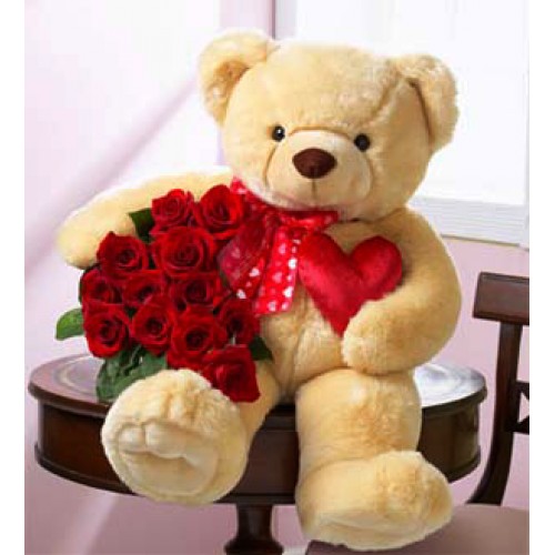 Cute Teddy Bear with Roses in a Bouquet and Heart