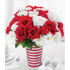 Fresh Mixed Cut Red and White Roses w/ Mums in a Vase